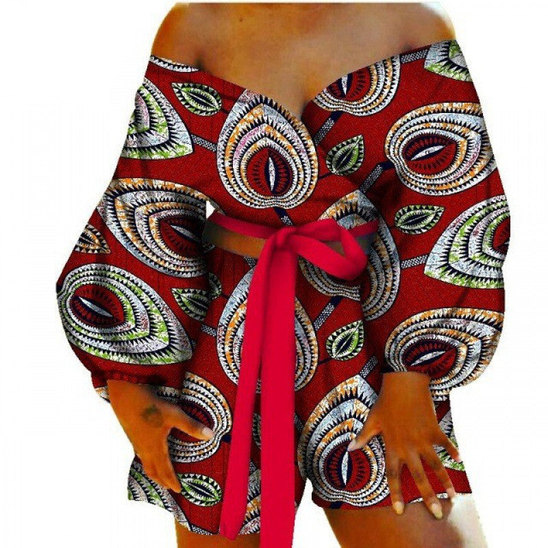 Floral Geometric African Print Women's Bow Tie Top + Shorts Set 2-Piece Set to 6X Plus Size