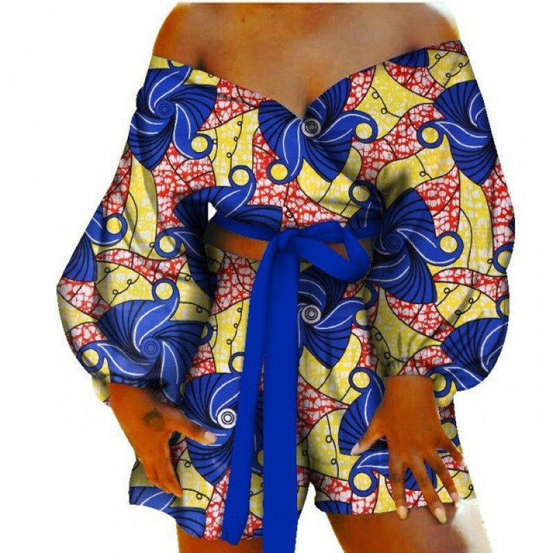 Floral Geometric African Print Women's Bow Tie Top + Shorts Set 2-Piece Set to 6X Plus Size