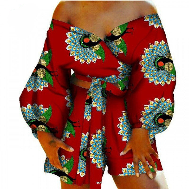 Floral Geometric African Print Women's Bow Tie Top + Shorts Set 2-Piece Set to 6X Plus Size