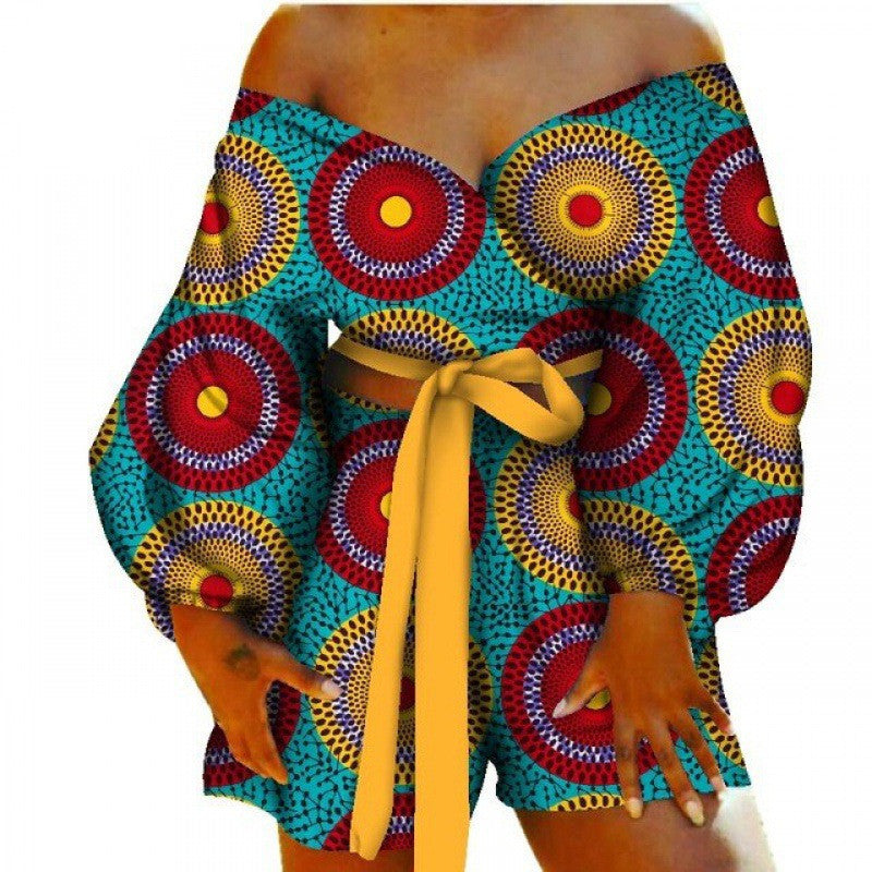 Floral Geometric African Print Women's Bow Tie Top + Shorts Set 2-Piece Set to 6X Plus Size
