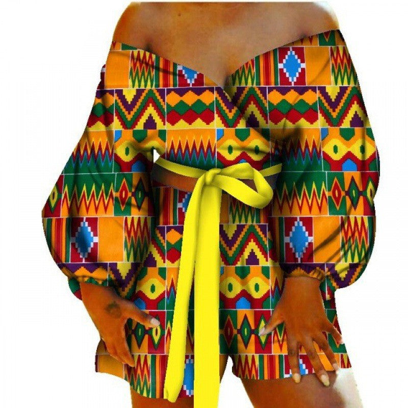 Floral Geometric African Print Women's Bow Tie Top + Shorts Set 2-Piece Set to 6X Plus Size
