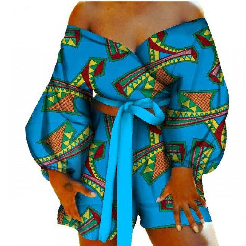 Floral Geometric African Print Women's Bow Tie Top + Shorts Set 2-Piece Set to 6X Plus Size