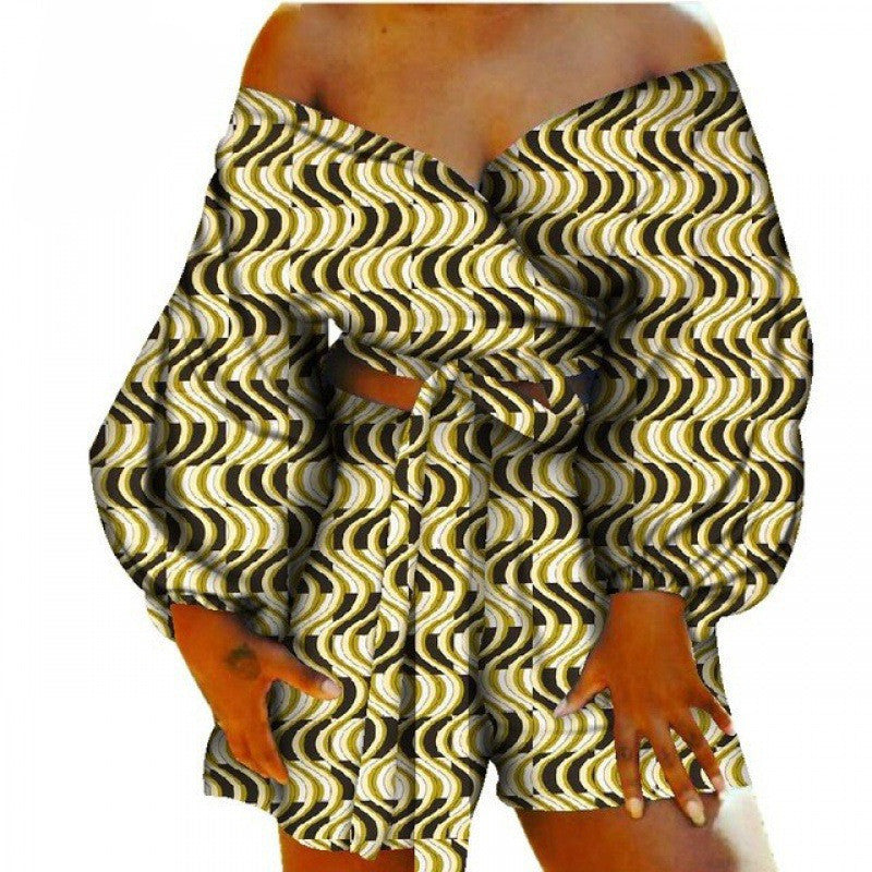 Floral Geometric African Print Women's Bow Tie Top + Shorts Set 2-Piece Set to 6X Plus Size