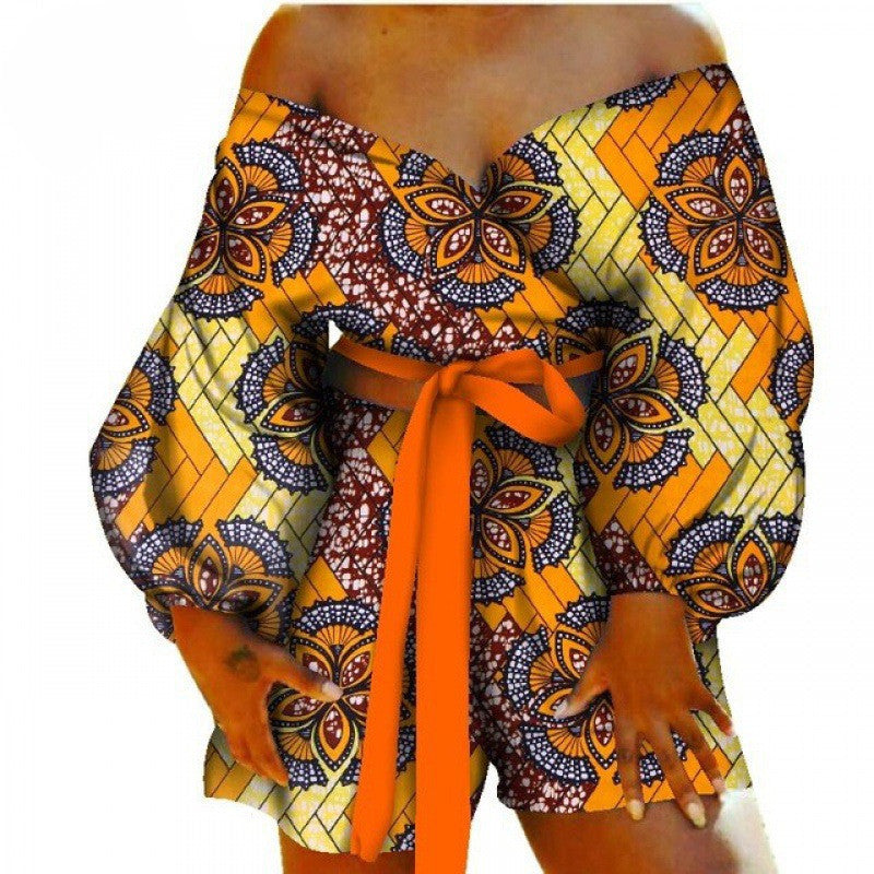 Floral Geometric African Print Women's Bow Tie Top + Shorts Set 2-Piece Set to 6X Plus Size