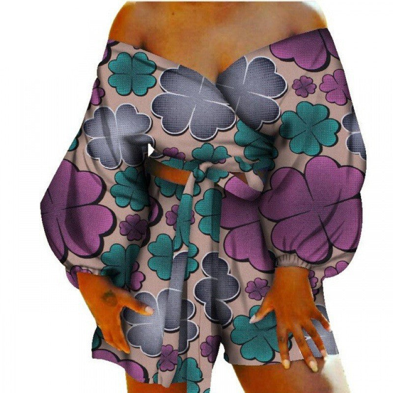 Floral Geometric African Print Women's Bow Tie Top + Shorts Set 2-Piece Set to 6X Plus Size