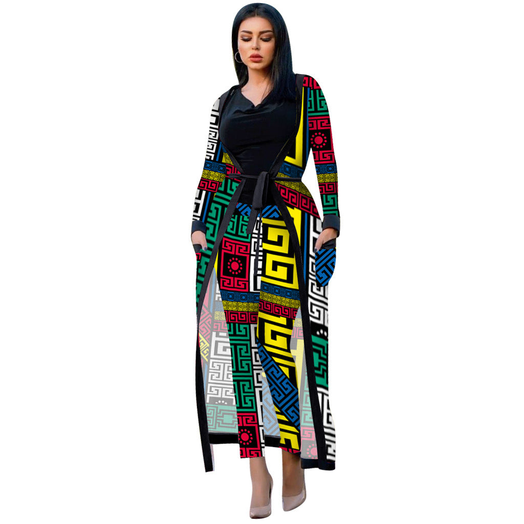 Geometric/Newspaper/Plaid/Houndstooth/Snakeskin/Camo Print Women's Maxi Cardigan + Leggings 2-Piece Set