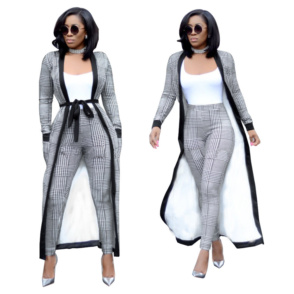 Geometric/Newspaper/Plaid/Houndstooth/Snakeskin/Camo Print Women's Maxi Cardigan + Leggings 2-Piece Set