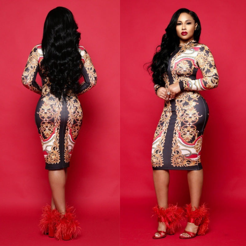 Red/Black/Yellow Baroque Print Long Sleeve Midi Dress