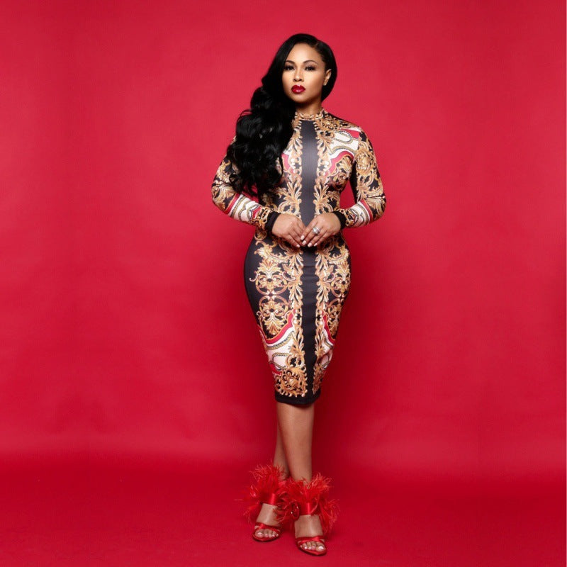 Red/Black/Yellow Baroque Print Long Sleeve Midi Dress