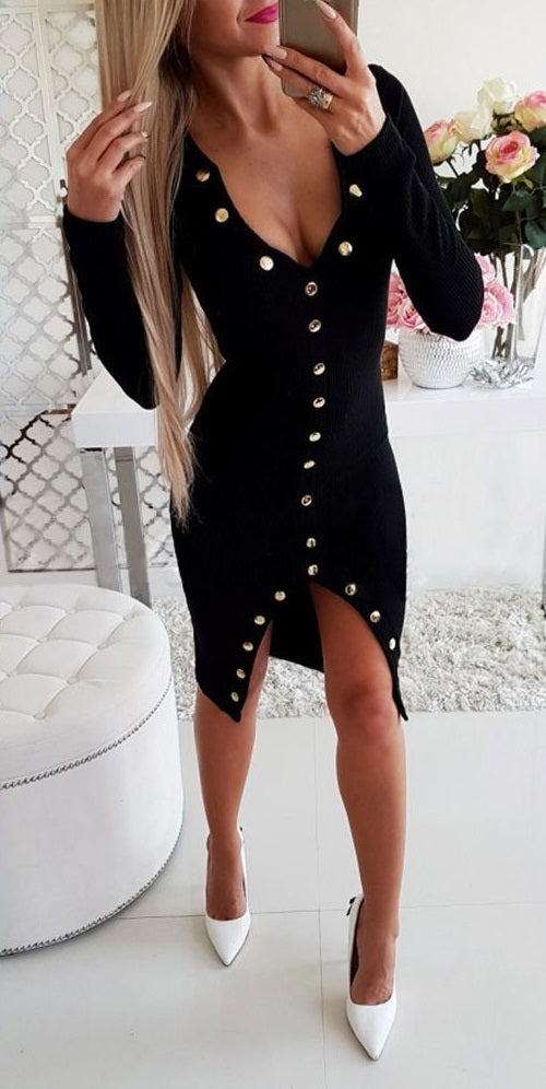 Black Button Design Long Sleeve Skinny Dress to 3X Plus Size
