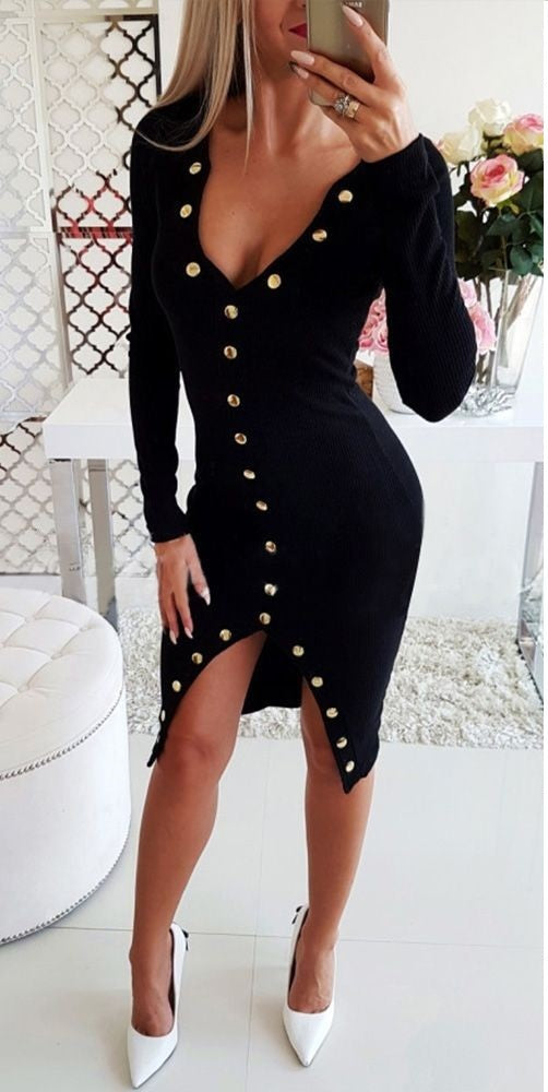 Black Button Design Long Sleeve Skinny Dress to 3X Plus Size