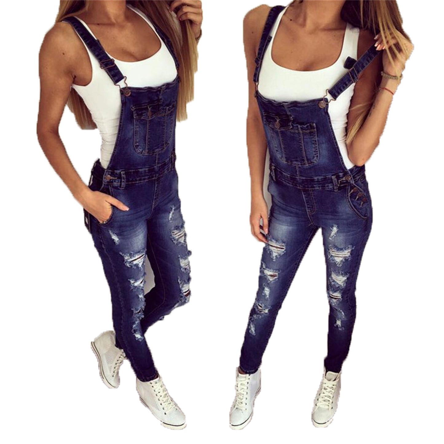 Double Shoulder Strap Ripped Denim Women's Overall Jean Jumpsuit to 3X Plus Size