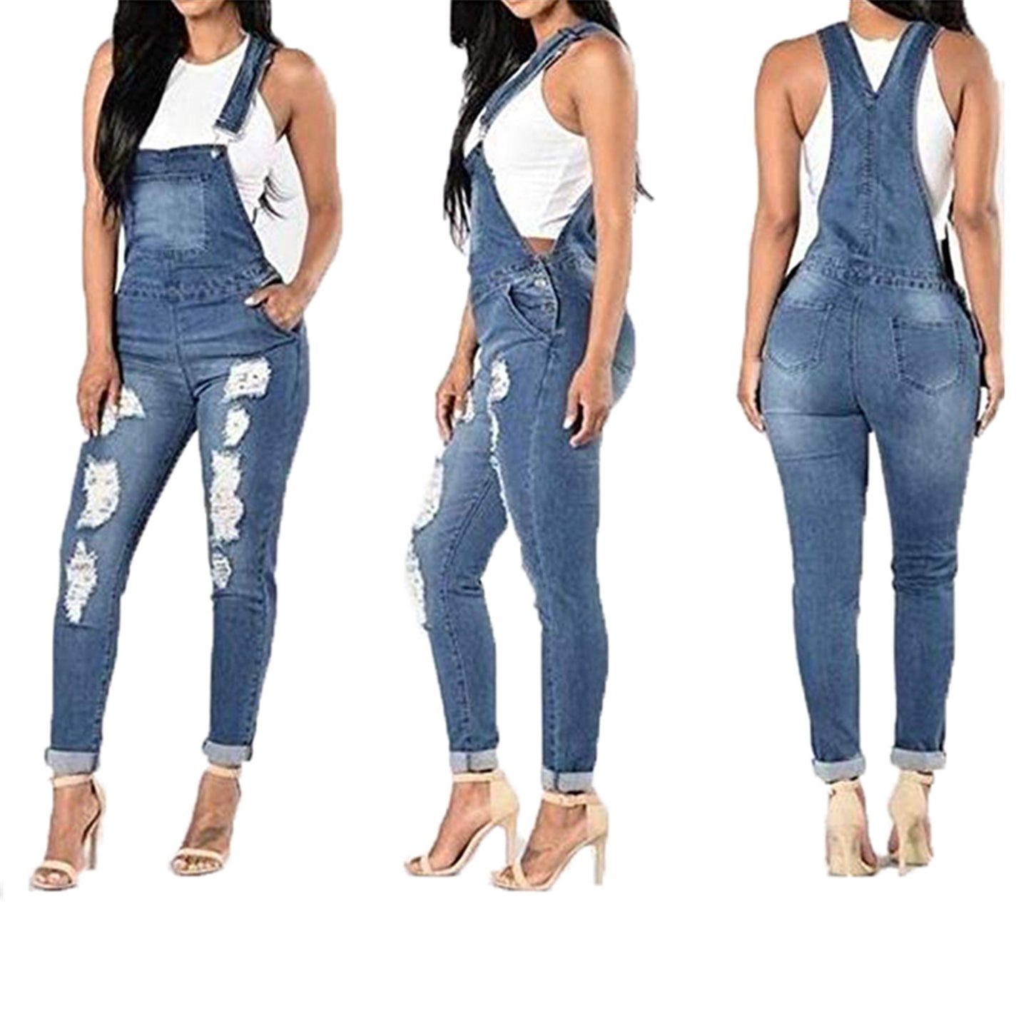 Double Shoulder Strap Ripped Denim Women's Overall Jean Jumpsuit to 3X Plus Size