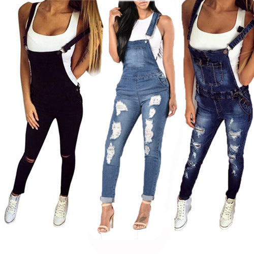Double Shoulder Strap Ripped Denim Women's Overall Jean Jumpsuit to 3X Plus Size