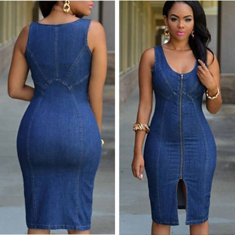 Blue Denim Sleeveless High Slit Zipper Front Jean Dress