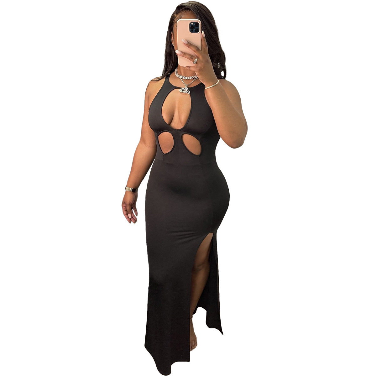 Sleeveless Hollow-Out Solid Color Sexy Maxi Dress