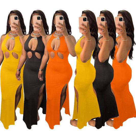 Sleeveless Hollow-Out Solid Color Sexy Maxi Dress