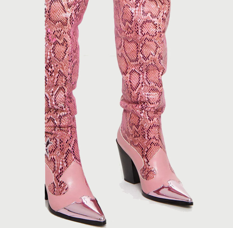 Pink Snakeskin Print Metal Pointed Toe Thick High Heel Women's Over-the-Knee Western Cowgirl Rodeo Boots