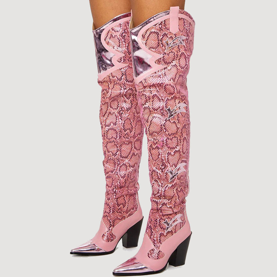 Pink Snakeskin Print Metal Pointed Toe Thick High Heel Women's Over-the-Knee Western Cowgirl Rodeo Boots