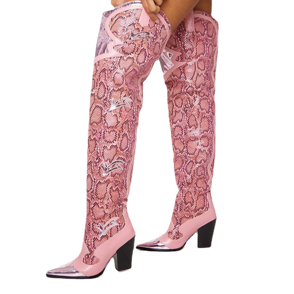 Pink Snakeskin Print Metal Pointed Toe Thick High Heel Women's Over-the-Knee Western Cowgirl Rodeo Boots