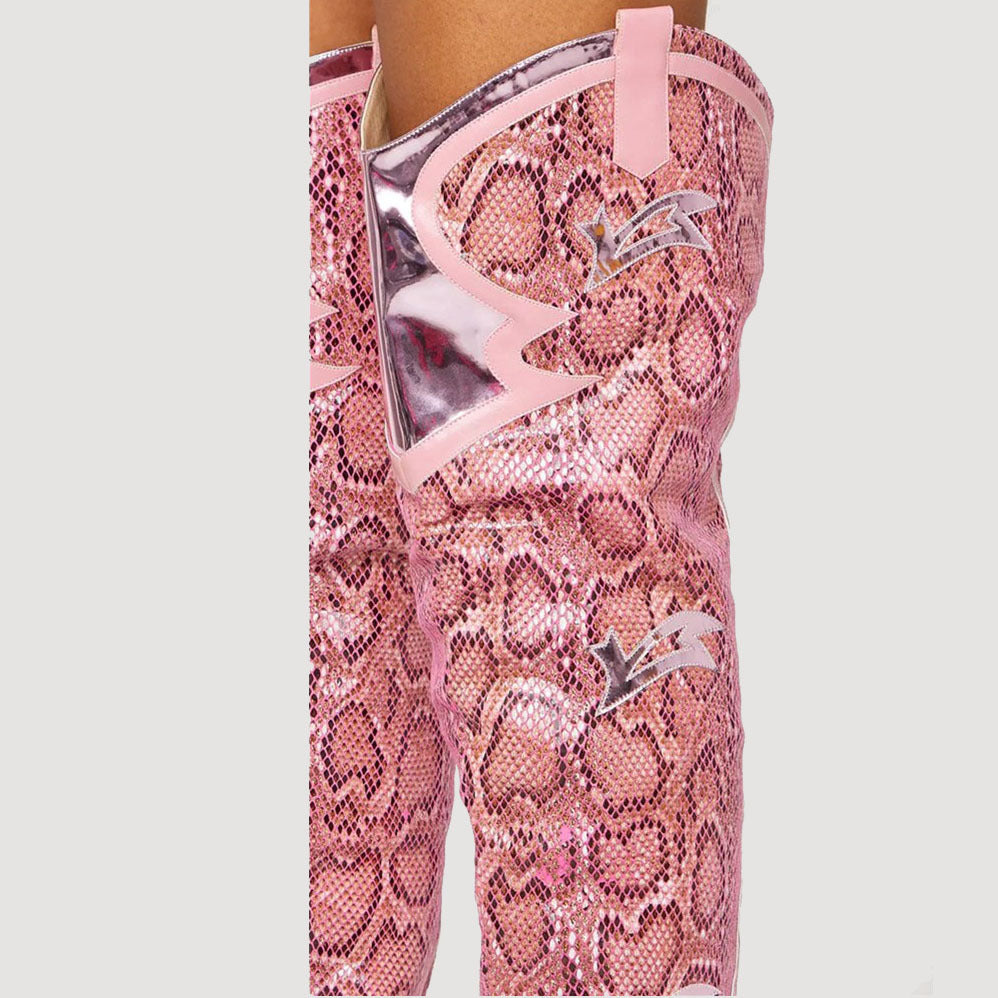 Pink Snakeskin Print Metal Pointed Toe Thick High Heel Women's Over-the-Knee Western Cowgirl Rodeo Boots