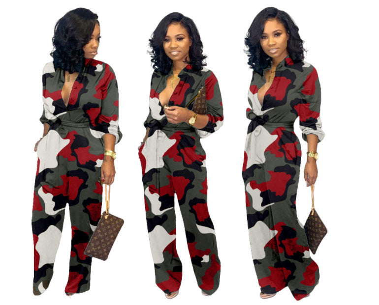 Camoflauge V-Neck Long Sleeve Women's Wide Leg Jumpsuit