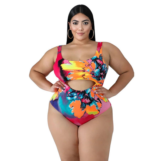 Tropical Print Cut-Out Halter One-Piece Plus Size Swimsuit w/ Matching Sarong to 5X