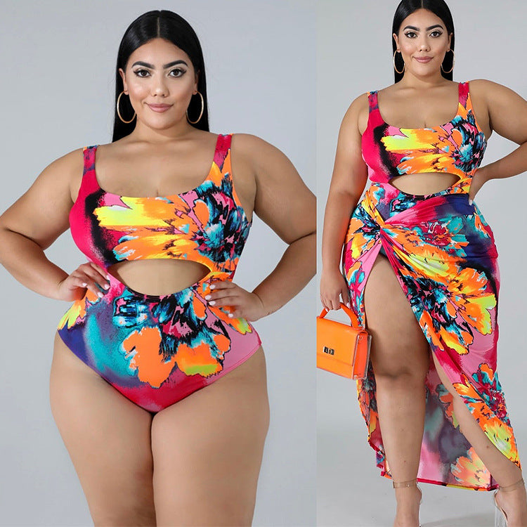 Tropical Print Cut-Out Halter One-Piece Plus Size Swimsuit w/ Matching Sarong to 5X