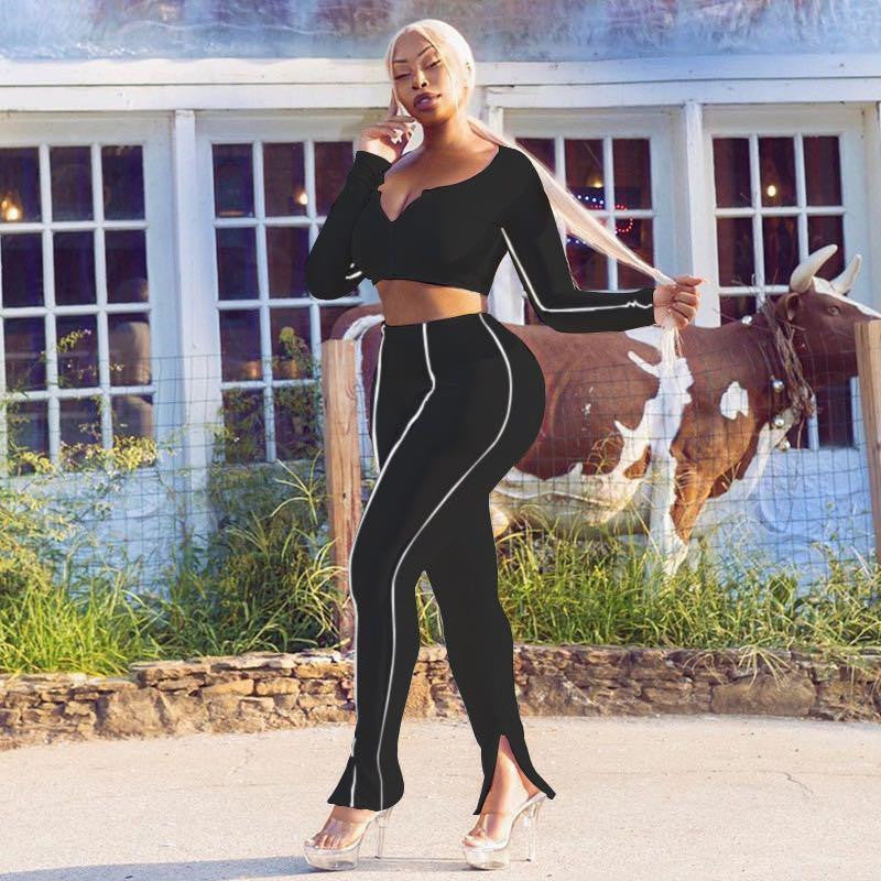 Striped V-Neck Long Sleeve Fitness Gym Crop Top + Workout Split Hem Skinny Leggings 2-Piece Set