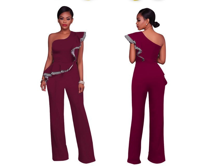 Asymmetrical Ruffled Stripe Detail Women's One Shoulder Jumpsuit