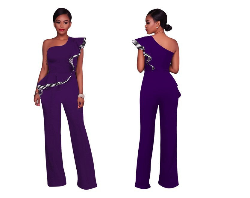 Asymmetrical Ruffled Stripe Detail Women's One Shoulder Jumpsuit