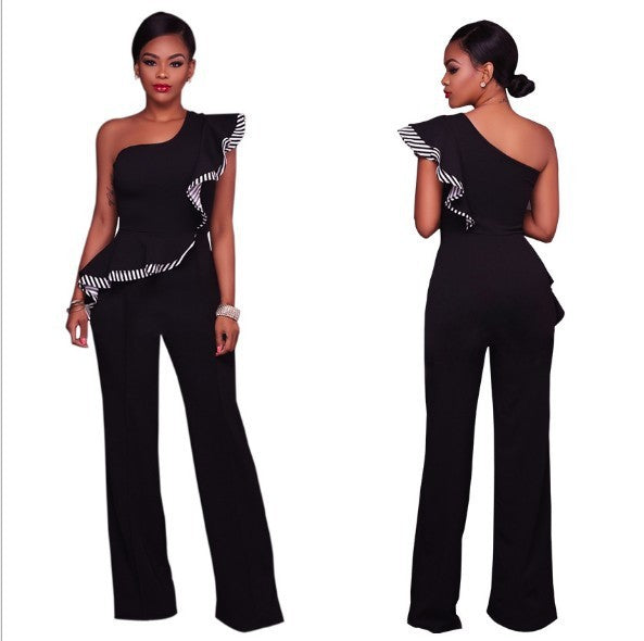 Asymmetrical Ruffled Stripe Detail Women's One Shoulder Jumpsuit