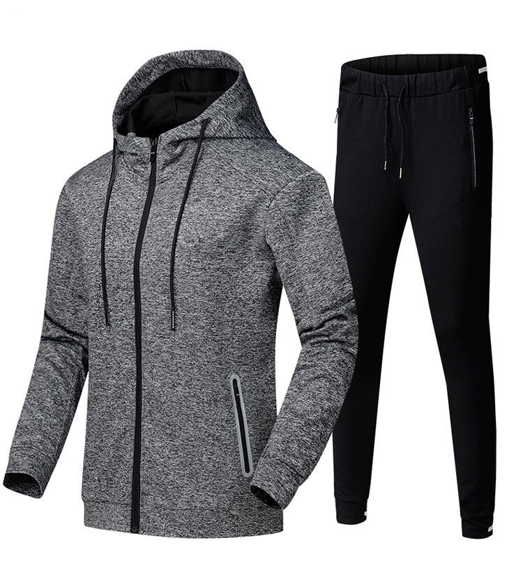 Men's Drawstring Zipper Hoodie Sports Sweat Jacket + Solid Color Skinny Sweatpants Tracksuit