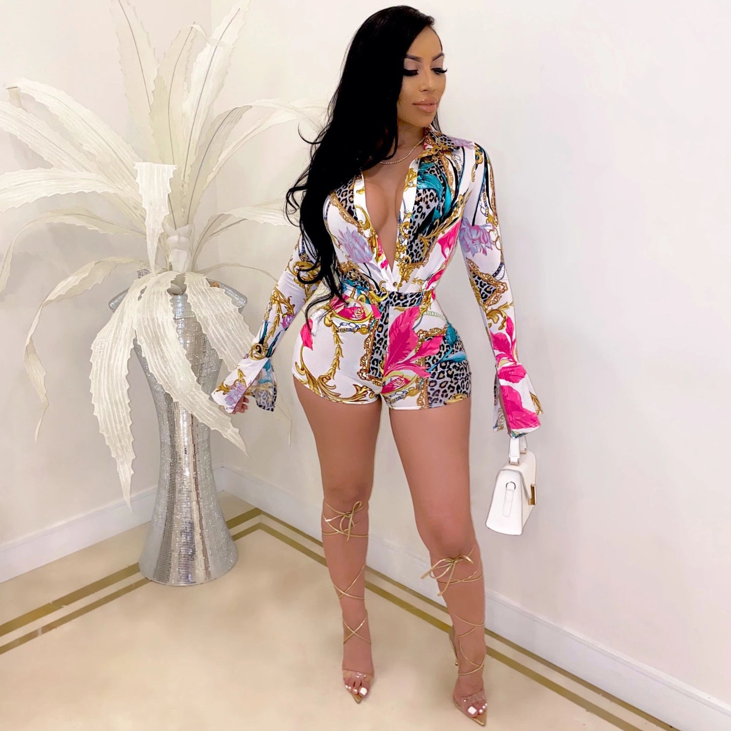 Baroque Print Deep V-Neck Long Sleeve Women's Shorts One-Piece Romper