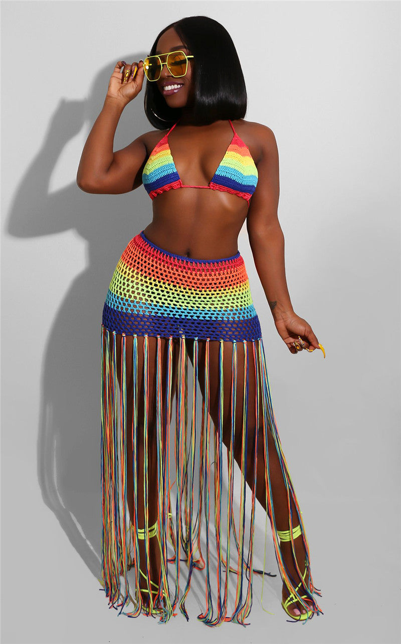 Crochet Rainbow Print Women's Bra + Hanging Tassel Fringe Skirt 2-Piece Set