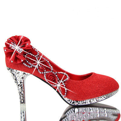 Crystal Rhinestone Pearl Metallic Rose Bow Embellished Round Toe Women's Stiletto Pumps