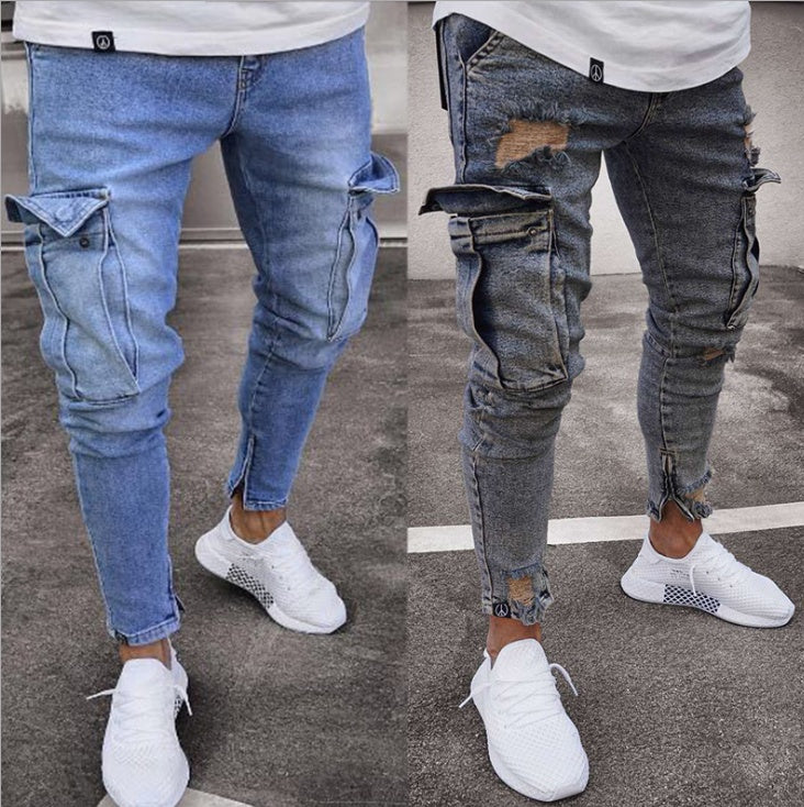 Men's Denim Ripped Hole Pattern Cargo Pocketed Skinny Jeans