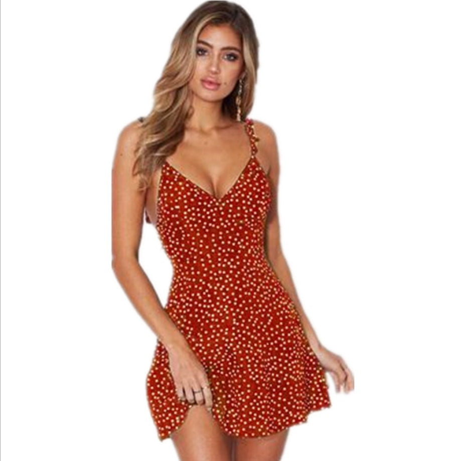 Polka Dot Print Lace-Up Back V-Neck Spaghetti Strap Mini Beach Sundress