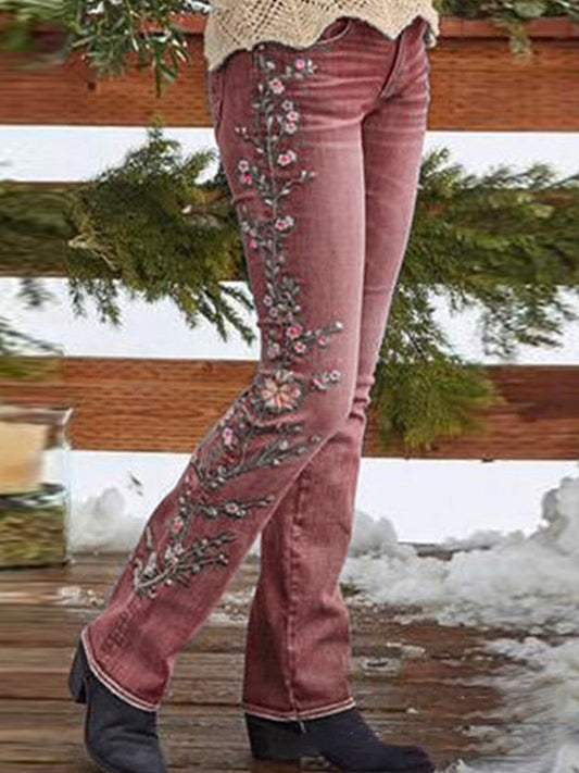 Faded Denim Flower Embroidered Colorblock Retro Straight Leg Women's Jeans to 3X Plus Size