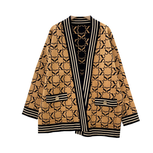 Monogram Print Striped Hem Knitted Cardigan sweater