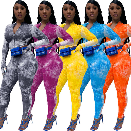Tie-Dye Print Ribbed Long Sleeve Fitness Zipper Crop Jacket + Skinny Workout Gym Leggings Women's Tracksuit