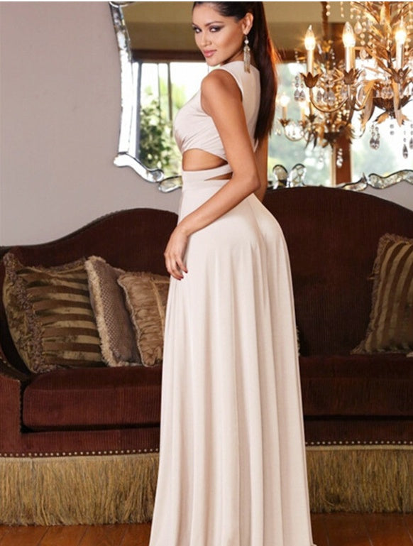 Double High Side Slit Cami Design Sleeveless Hollow-Out Deep V-Neck Solid Color Maxi Dress