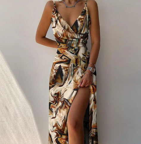 Sleeveless V-Neck Solid Color High Slit Sling Maxi Dress