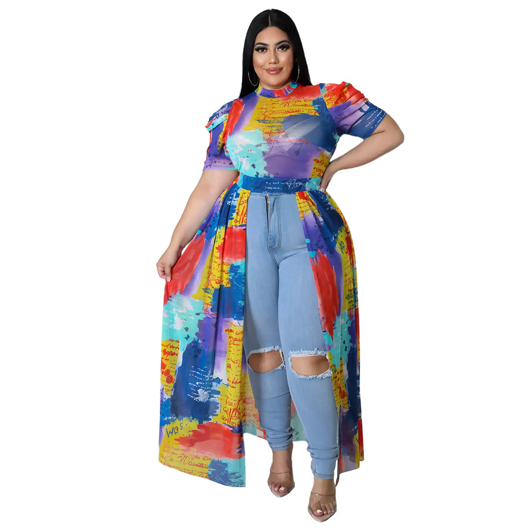 Mesh High-Low Geometric/Floral Pile Sleeve Cut-Out Maxi Blouse to 5X Plus Size