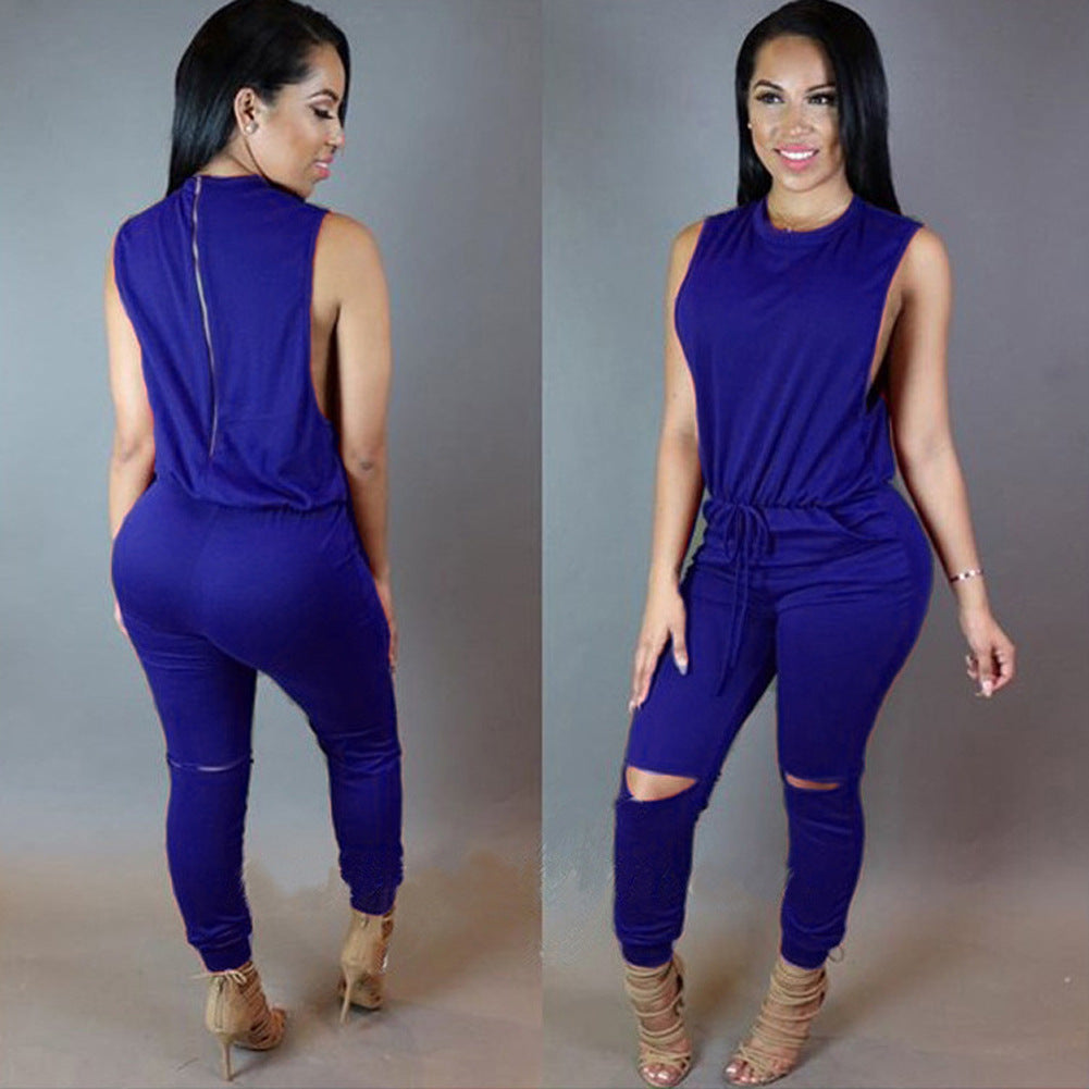 Ripped Knee O-Neck Sleeveless Women's Zipper Back Solid Color Drawstring Skinny Jumpsuit