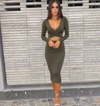 Bodycon Sexy V-Neck Hollow-Out  Long Sleeve Skinny Solid Color Party Dress