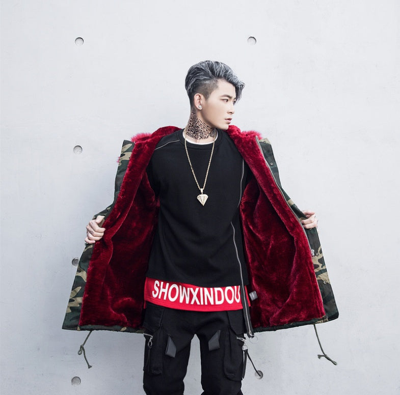 Men's Unisex Camoflauge Graffiti Print Velvet Lined Hip-Hop Hoodie Coat