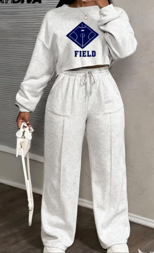 Streetwear Letter Print Women's Long Sleeve Cropped O-Neck Sweatshirt + Drawstring Pleated Sweatpants 2-Piece Set to 3X Plus Size