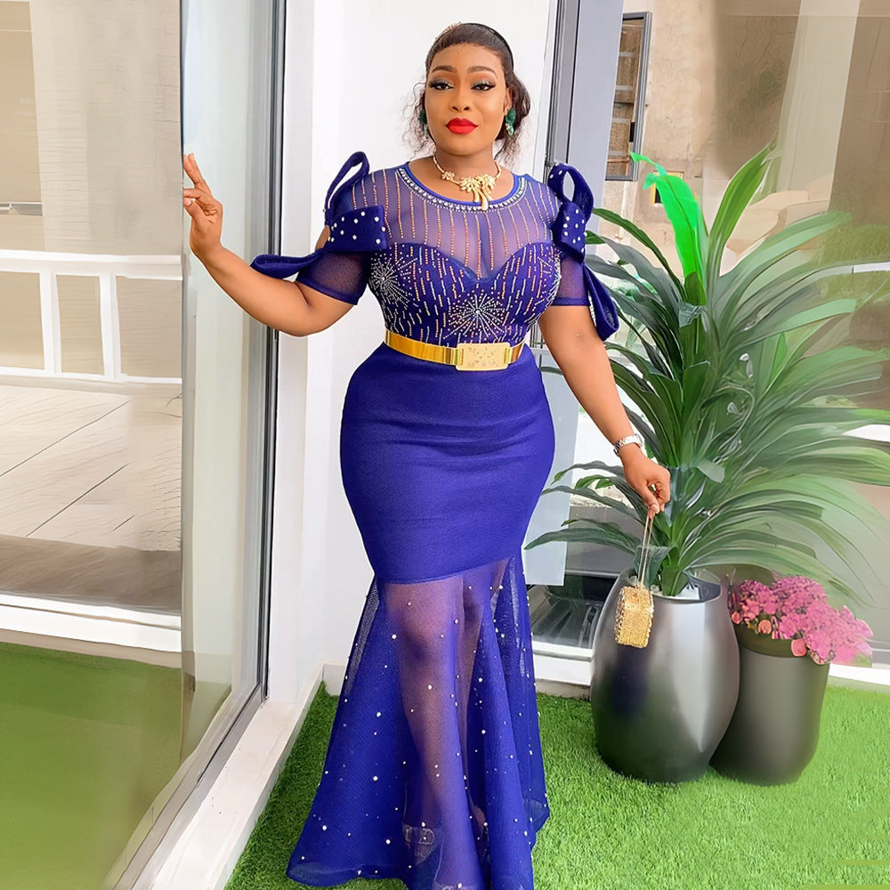 Hot Drill Diamond Beaded Embroidered  Evening Fishtail Formal Maxi Dress to 3X Plus Size