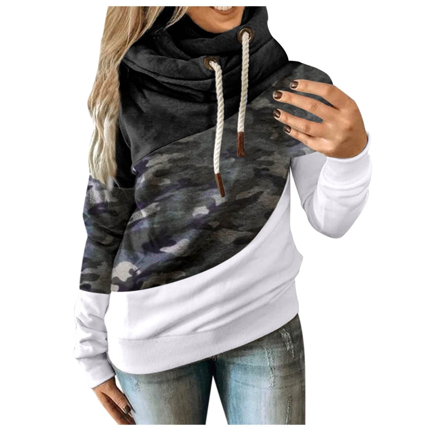 Colorblock Camoflauge Long Sleeve Drawstring Hoodie Sweatshirt to 3X Plus Size